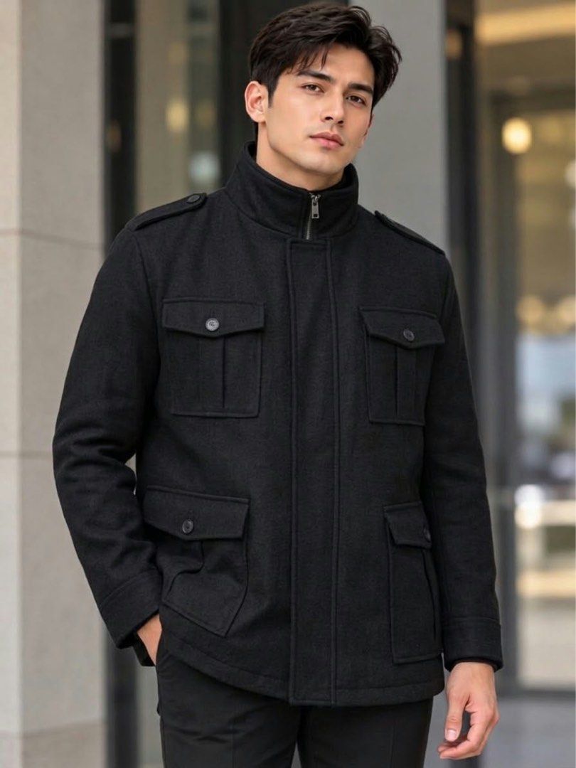 Merona Black Wool Blend Cargo Jacket Size XL (Category: Coats, Jackets and Outerwear) located in Pagsanjan. Submitted by zhairaaaaa (Listing ID 1470115379, Image 2). Description: - Brand: Merona - Size: Men's XL - Material: Wool blend with quilted inner lining for extra warmth - Closure: Full zip with snap button placket - Collar & Cuffs: High mock neck with ribbed knit insert and ribbed cuffs - Pockets: Four front flap pockets with buttons - Ext