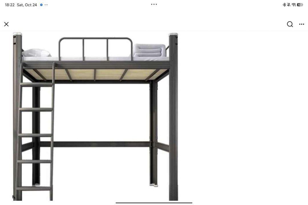 Metal Loft Bed Frame with Ladder and Guardrail (Category: Bed Frames & Mattresses) located in Caloocan City. Submitted by engrjennyr13815 (Listing ID 1470054972, Image 1). Description: - Heavy duty metal loft bed frame in dark grey - Frees up floor space underneath for a desk, study area, or seating - Built-in ladder on the left and full-length safety guardrails - Solid wooden slats provide sturdy mattress support - Fits standard single mattress 