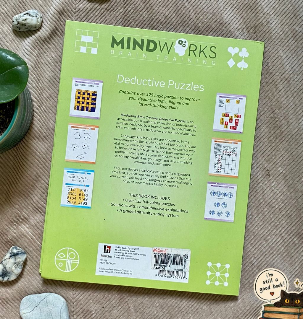 MINDWORKS BRAIN TRAINING | DEDUCTIVE PUZZLES BOOK (Category: Assessment Books) located in Lucena. Submitted by hopsmead (Listing ID 1470016528, Image 2). Description: :: MINDWORKS BRAIN TRAINING | DEDUCTIVE PUZZLES BOOK ₱379 | Negotiable | Make an offer now! ☺️ ☰ First 7-8 pages have been answered with pencil (erasable), nevertheless, all are not answered yet and still good quality! :: BOOK QUALITY & ORIGIN ☰ Origin: NBS at ₱445 ☰ Condition: Ligh