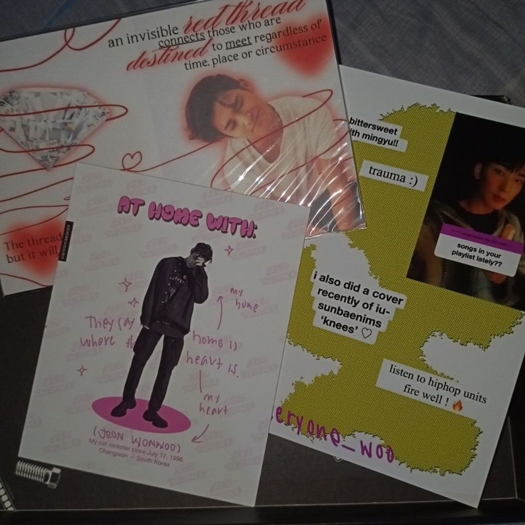 minwon postcards (Category: K-Wave Merchandise) located in Marikina City. Submitted by seoksoo (Listing ID 1469974152, Image 1). Description: minwon postcards from carat artists :) • mingyu red string postcard from @.woneisa • wonwoo postcards from at home with jww kit > in good condition > additional photos will be sent via dms > x to sensi collectors .