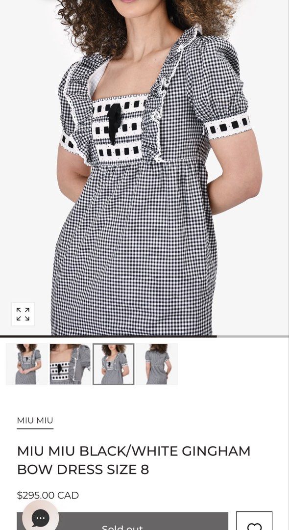 Miu Miu Black White Gingham Pattern Bow Dress (Category: Dresses) located in Cebu City. Submitted by stylingtrends.coll (Listing ID 1470100145, Image 3). Description: - Pattern: Black and white gingham check - Design: Square neckline, white cut-out trim with black front bows, ruffle collar, and short puff sleeves - Silhouette: Empire waistline with a straight mini skirt - Closure: Convenient side zip Size: Small.