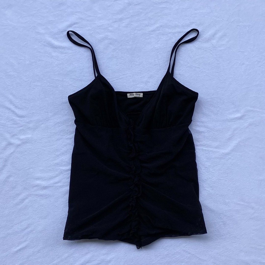 Miu Miu Mesh Ruffle Cami Tops (Category: Luxury Apparel) located in General Santos City (Dadiangas). Submitted by kala_chuchi (Listing ID 1470113441, Image 1). Description: Size. Small 13 inches width 20 inches length No flaws Over all condition Excellent .