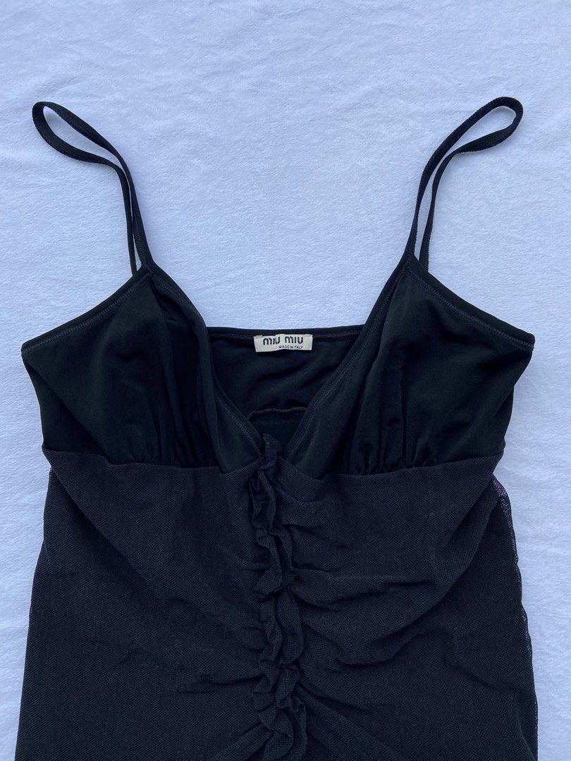 Miu Miu Mesh Ruffle Cami Tops (Category: Luxury Apparel) located in General Santos City (Dadiangas). Submitted by kala_chuchi (Listing ID 1470113441, Image 2). Description: Size. Small 13 inches width 20 inches length No flaws Over all condition Excellent .