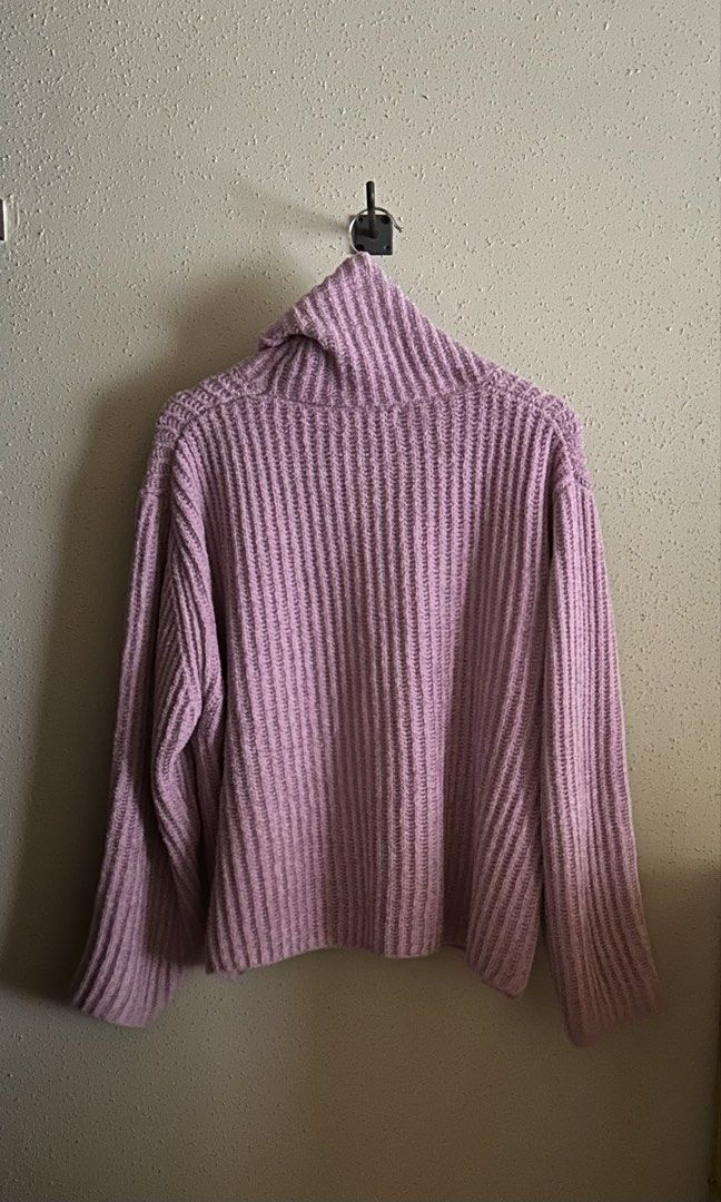 MNG Purple Ribbed Turtleneck Sweater Size M (Category: Others Tops) located in Pasig City. Submitted by valence26000 (Listing ID 1470043882, Image 2). Description: - Brand: Mango - Style: Chunky ribbed knit turtleneck sweater - Color: Cool pink - Size: Medium (true to size) - Material: Soft, textured knit - Condition: Great, no major flaws or wear.