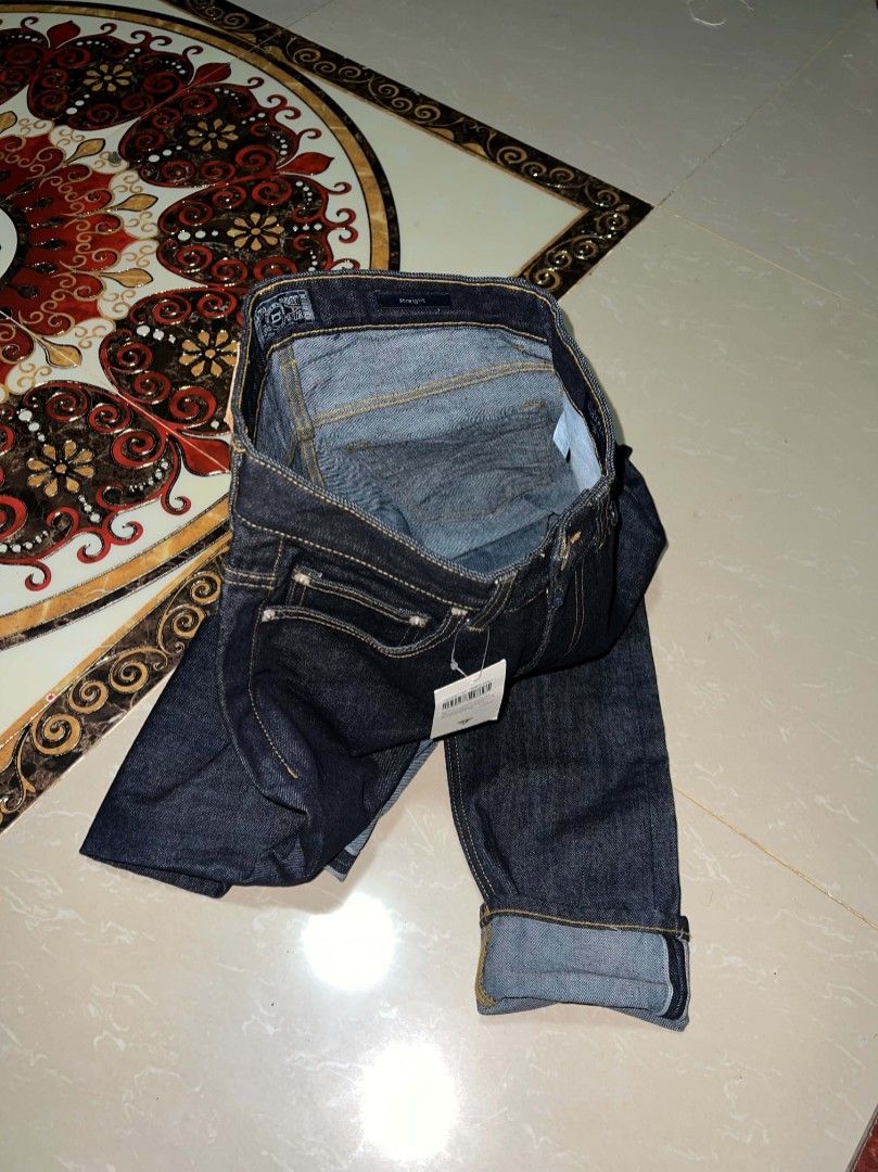 MODIFIED Raw Selvedge Denim Straight Jeans (Category: Jeans) located in Alegria. Submitted by goofy_ripper (Listing ID 1470079740, Image 1). Description: - Brand: Tobiten - Condition: Brand new with original tags attached (unworn) - Style: Straight cut, dark indigo wash - Fabric: Heavyweight with crisp structure - Details: Contrast yellow stitching, back leather patch, branded pocket tag - Selvedge ID: Clean cuffs with redline detail.