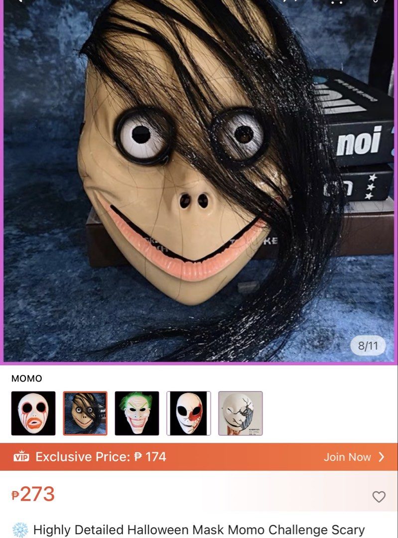 Momo Mask for Halloween (Category: Kids Toys) located in Pasig City. Submitted by ainee.and.emmett (Listing ID 1470053820, Image 2). Description: 15 pcs momo mask for only 300 brandnew Best for halloween .