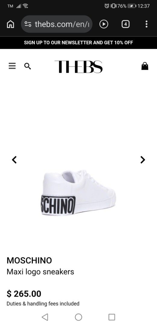 Moschino Maxi Logo White Leather Sneakers (Category: Sneakers) located in Manila. Submitted by lorenzomar99185 (Listing ID 1470018086, Image 2). Description: - Brand: Moschino - Color: Crisp White with Bold Black Logo - Style: Low-top, lace-up street style sneaker - Details: Eye-catching black lettering logo on the back rubber sole - Condition: Clean and ready for daily rotation - Size: EU 44 on tag / Best fit US 10.5 ~ 11.