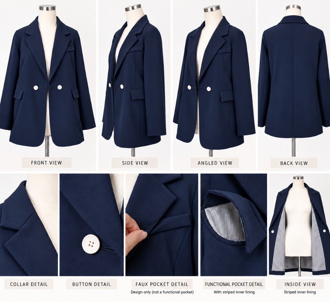 Navy Blue Double Breasted Large Blazer (Category: Coats, Jackets and Outerwear) located in Cavite. Submitted by myprelovedpicks123 (Listing ID 1469957445, Image 2). Description: -Size: Large - Color: Classic navy blue - Design: Oversized fit with double-breasted white buttons - Pockets: Front flap pockets and a chest welt pocket - Lining: Chic white and black striped interior - Details: Structured lapel collar and clean ventless back - Style: Ver