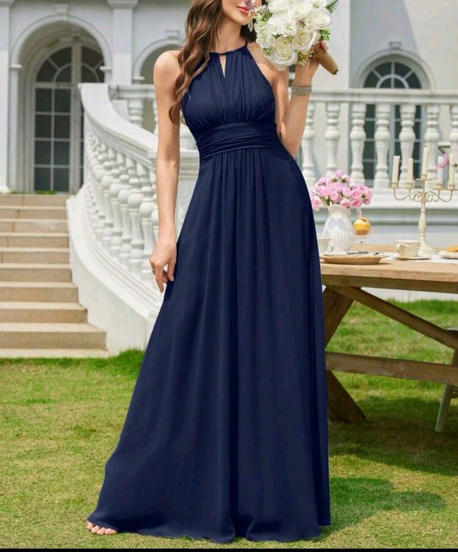 Navy Blue Halter Neck Long Evening Dress (Category: Evening dresses & gowns) located in Manila. Submitted by shajanina.14 (Listing ID 1470082890, Image 1). Description: Lyla's Preloved As good as new Extra Small- US As per measuring tape, Bust- up to 28 inches Waist- up to 24 inches Length- 55 inches .