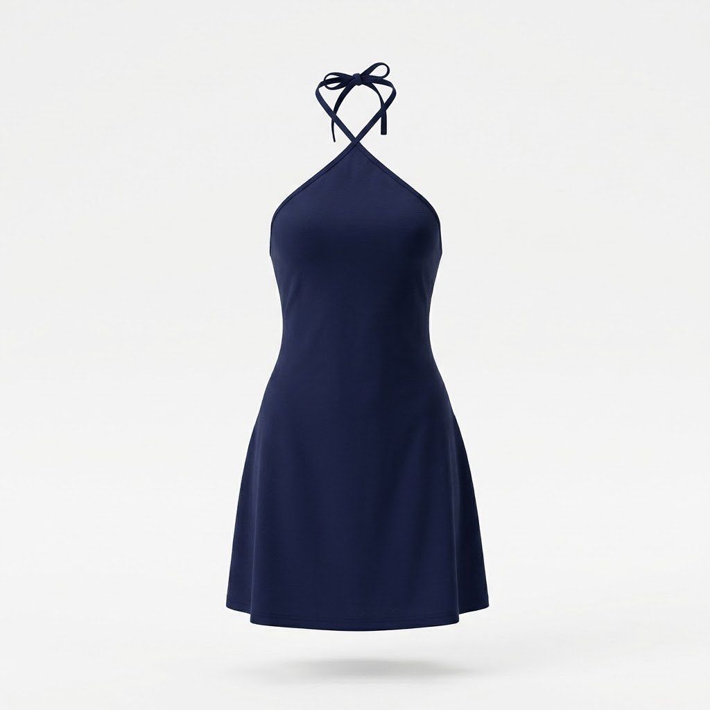 Navy Blue Halter Neck Mini Dress (Category: Dresses) located in General Trias. Submitted by dearsunnyshine (Listing ID 1469994894, Image 1). Description: - Color: Dark blue - Style: Halter neck with self-tie straps and crossover detail - Silhouette: Fitted top with a flared A-line skirt - Material: Smooth, slightly stretchy fabric - Versatility: Easy to style for casual days or warm nights out with sneakers or sandals.