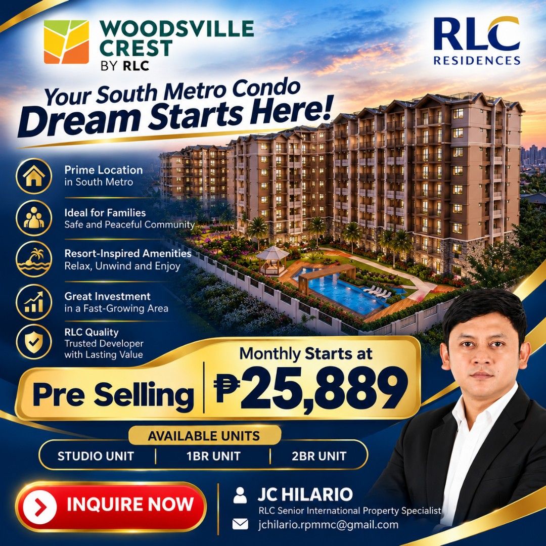 Near Airport Condo (Category: Apartments & Condos) located in Pasay City. Submitted by jch.rpmmc (Listing ID 1470000912, Image 1). Description: 🏡 LOOKING FOR A CONDO INVESTMENT IN SOUTH METRO? 💛 PAG-IBIG MEMBER KA BA? Baka ito na ang property opportunity na hinahanap mo! Discover WOODSVILLE CREST by RLC Residences — a thoughtfully designed residential community for families, professionals, and property investors. ✨ WHY CONSIDER WOODSVILLE CREST