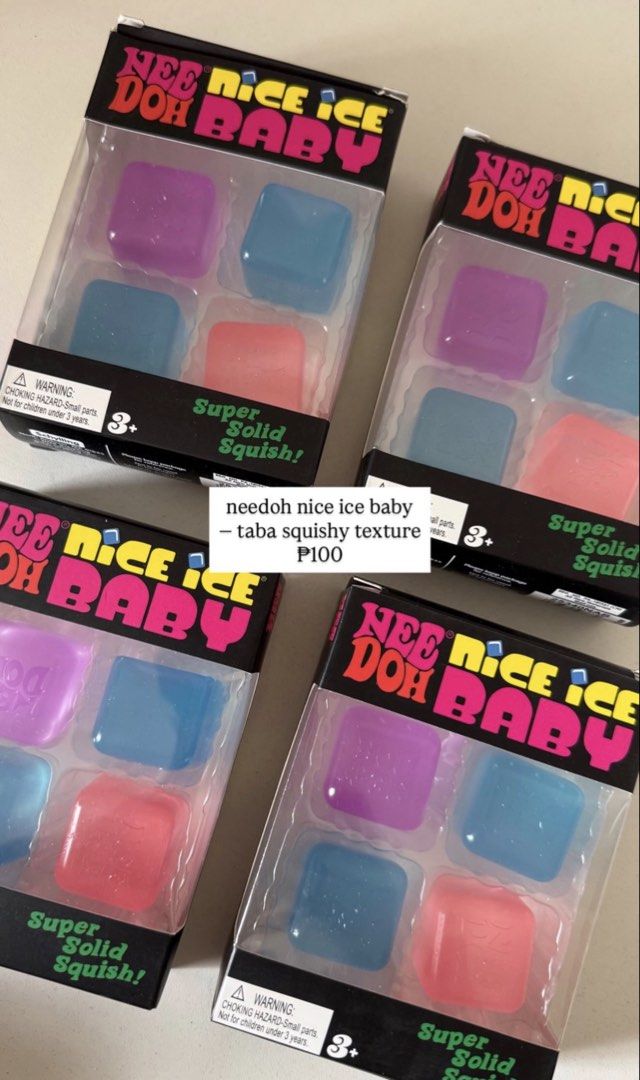 needoh nice ice baby taba like texture (Category: Designer & Blind Box Toys) located in Quezon City. Submitted by shoppsbae (Listing ID 1470000324, Image 1). Description: - Brand: NeeDoh (Nice Ice Baby) - Condition: Brand new in box (Multiple available) - Texture: Super solid squishy feel - Design: Fun ice cube shape in assorted translucent colors (pink, purple, blue) - Benefits: Great tactile sensory toy for stress relief - Recommended Age: 3 ye