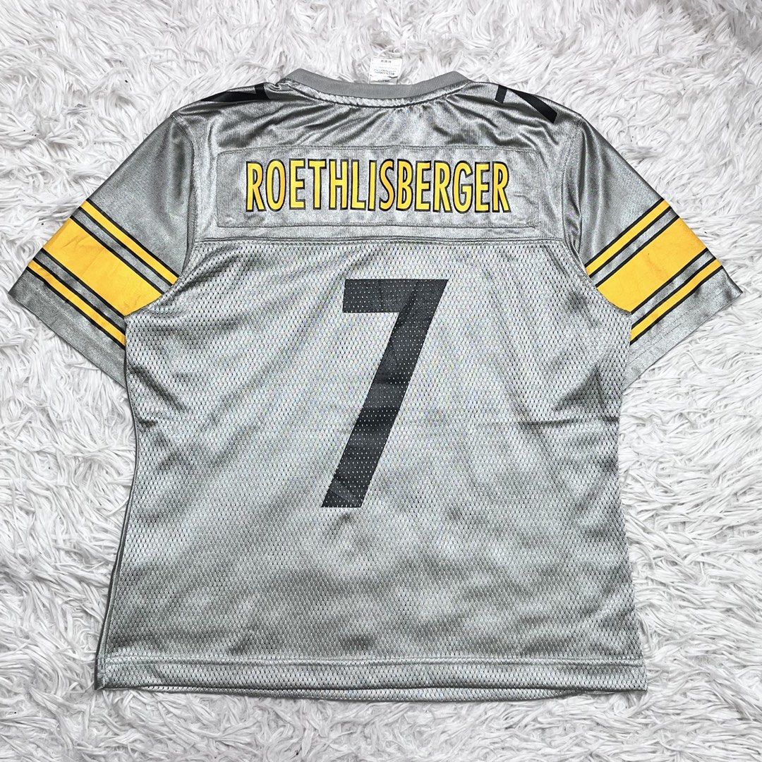 NFL football jersey (Category: Activewear) located in Baguio. Submitted by sellingtonshop (Listing ID 1469972454, Image 2). Description: u17. Vintage Pittsburgh Steelers football Jersey #7 Roethlisberger by Reebok Size: Youth M fits S mens crop fit or M-L womens Dimes: 24*22 Condition: very good Issue: hairline cracks on the yellow part of its sleeve only Mine: 680 Steal: 780 Grab: 880.