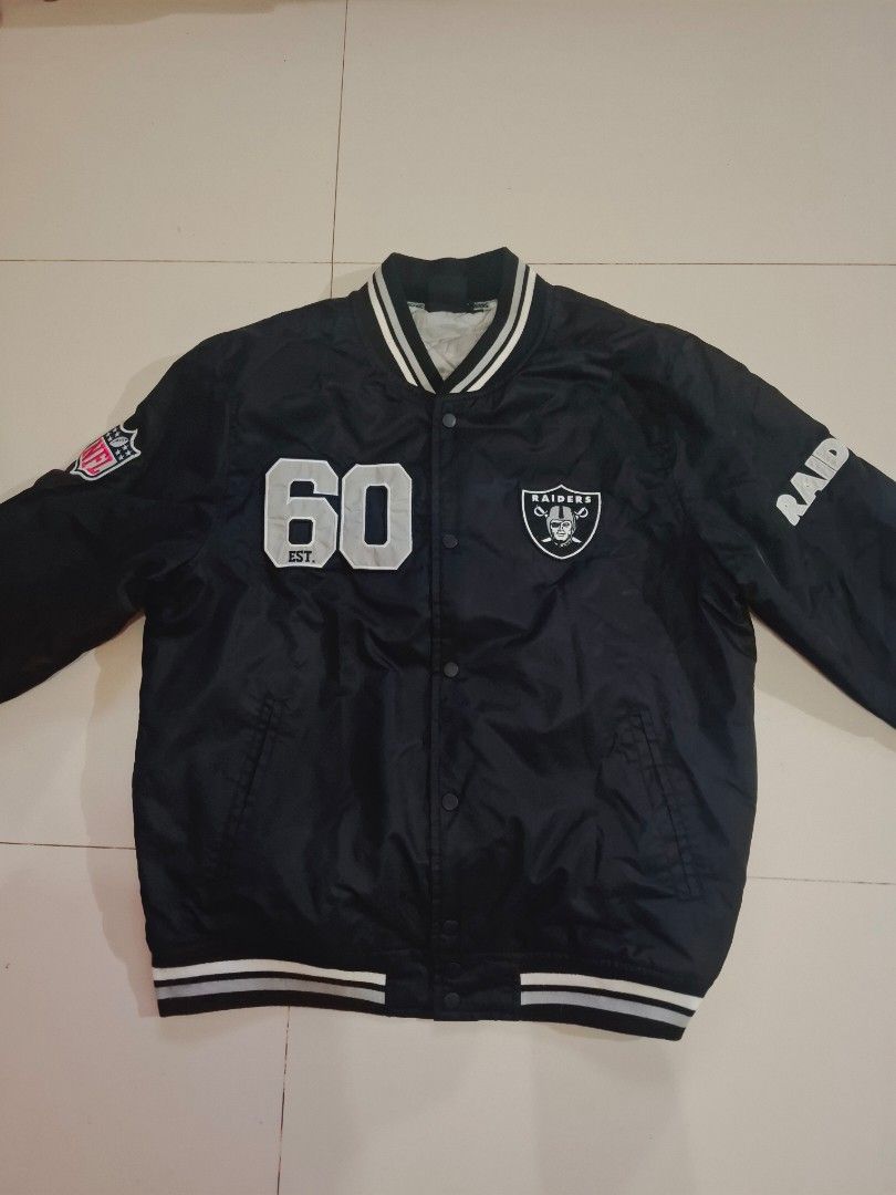 NFL x primark raiders bomber/varsity jacket (Category: Coats, Jackets and Outerwear) located in Narvacan. Submitted by jigger85_2ndaccount (Listing ID 1470070842, Image 2). Description: NFL x primark raiders varsity bomber jacket like new 9.8/10 condition no issues logo/print embroidered size: large on tag UK size dimes: 23 x 27 can fit to medium to semi xl bought in UK location: ilocos sur cab ship thru JNT or LBC.