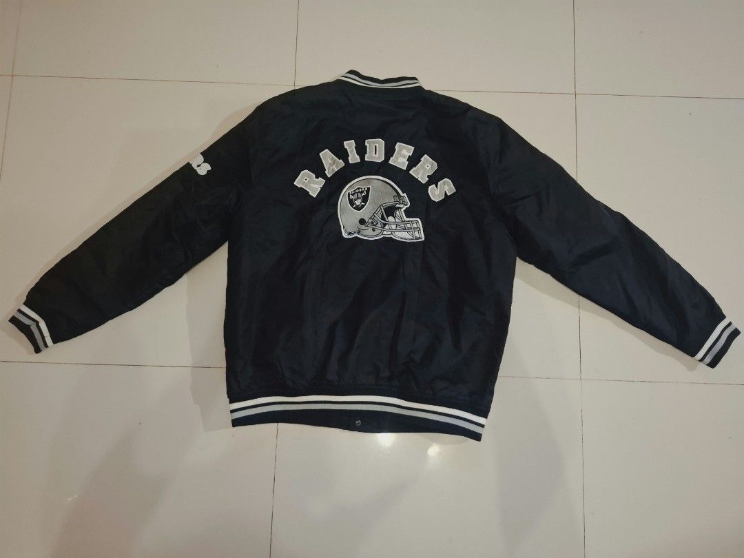 NFL x primark raiders bomber/varsity jacket (Category: Coats, Jackets and Outerwear) located in Narvacan. Submitted by jigger85 (Listing ID 1470072257, Image 3). Description: NFL x primark raiders bomber/varsity jacket like new no issue embroidered logo/print size: large on tag dimes: 23x 27 loc. ilocos sur.