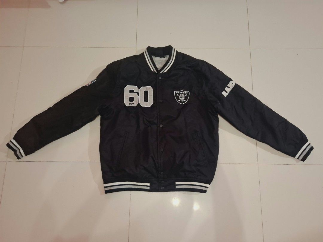 NFL x primark raiders bomber/varsity jacket (Category: Coats, Jackets and Outerwear) located in Narvacan. Submitted by jigger85 (Listing ID 1470072257, Image 2). Description: NFL x primark raiders bomber/varsity jacket like new no issue embroidered logo/print size: large on tag dimes: 23x 27 loc. ilocos sur.