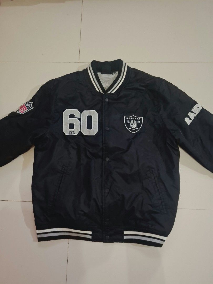 NFL x primark raiders bomber/varsity jacket (Category: Coats, Jackets and Outerwear) located in Narvacan. Submitted by jigger85 (Listing ID 1470072257, Image 1). Description: NFL x primark raiders bomber/varsity jacket like new no issue embroidered logo/print size: large on tag dimes: 23x 27 loc. ilocos sur.