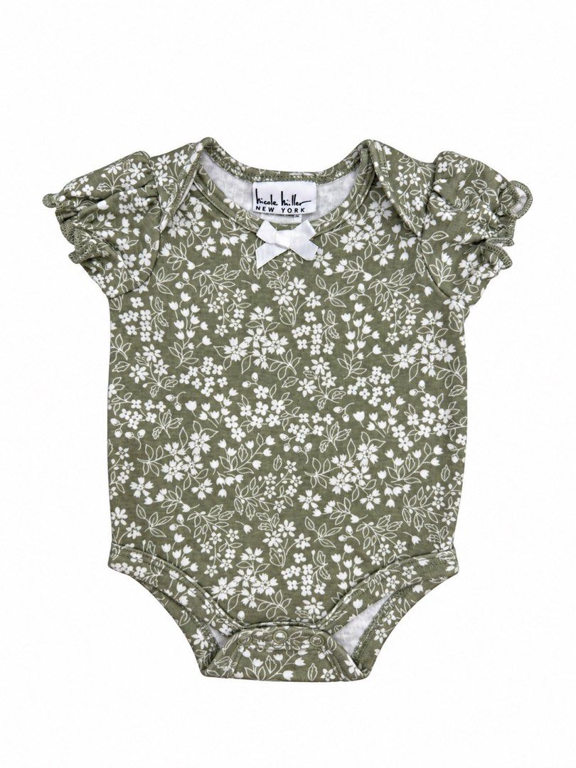 Nicole Miller Onesie (0-3M) (Category: Babies & Kids Fashion) located in Angeles City. Submitted by aeapreloved (Listing ID 1470052108, Image 1). Description: Nicole Miller New York Baby Onesie 🌸 •Size: 0–3 months •Color: Olive green with pink and white floral print •Design: Short puff sleeves with a round neckline and snap-button crotch for easy diaper changes •Detail: Cute and dainty floral pattern Preloved baby girl onesie, perfect for everyd