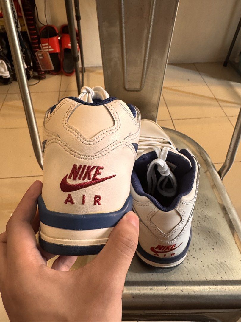 Nike Air Flight 89 White Blue US 8.5 (Category: Sneakers) located in Manila. Submitted by leey0ww (Listing ID 1470029932, Image 3). Description: - Item: Nike Air Flight 89 - original no box - bought from guam USA - ₱1500 - Colorway: White leather upper with Navy Blue trim and Red branding - Size: US 8.5 / UK 7.5 / EUR 42 - Condition: Light wear with some midsole yellowing and minor outsole dirt.