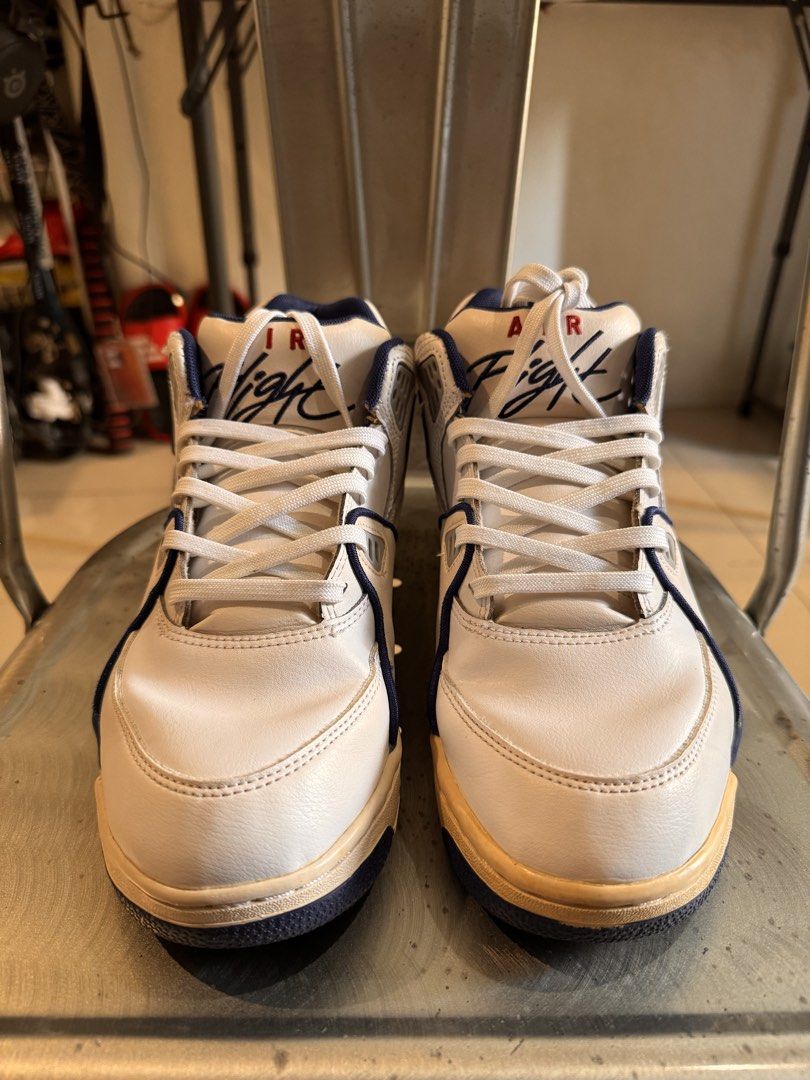 Nike Air Flight 89 White Blue US 8.5 (Category: Sneakers) located in Manila. Submitted by leey0ww (Listing ID 1470029932, Image 2). Description: - Item: Nike Air Flight 89 - original no box - bought from guam USA - ₱1500 - Colorway: White leather upper with Navy Blue trim and Red branding - Size: US 8.5 / UK 7.5 / EUR 42 - Condition: Light wear with some midsole yellowing and minor outsole dirt.