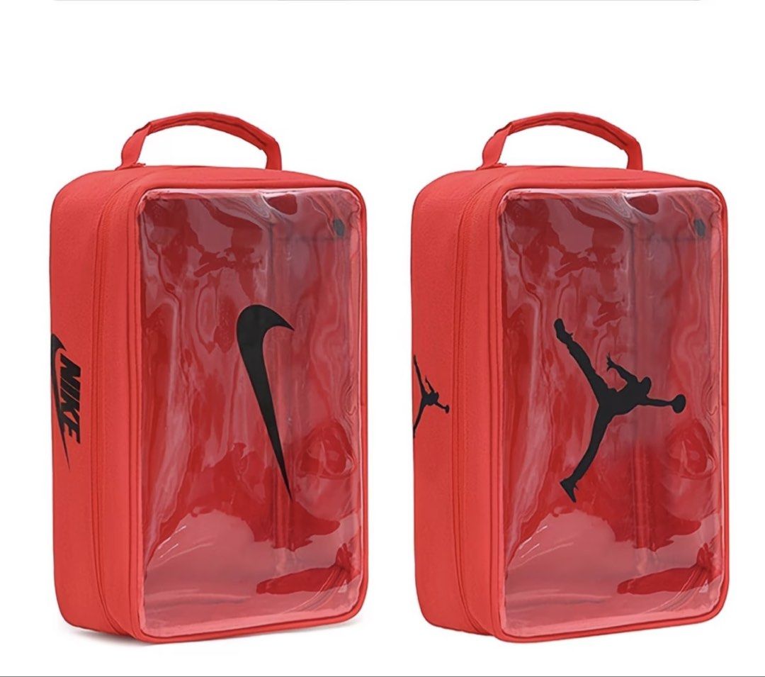 Nike Jordan Clear Shoe Storage Bag Organizer (Category: Shoe inserts & accessories) located in Manila. Submitted by cosmicfish_55bc58 (Listing ID 1469960431, Image 1). Description: - Iconic Nike & Jordan branding options - Clear transparent window to easily spot your favorite kicks - Handy top handle for effortless carrying to the gym or travel - Keeps your sneaker collection dust-free and neatly organized at home - Available in 4 stylish colors: