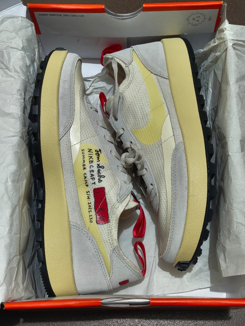 Nike Tom Sachs Nikecraft General Purpose Shoe (Category: Sneakers) located in Quezon City. Submitted by gls.c (Listing ID 1469997580, Image 1). Description: - Model: Tom Sachs x NikeCraft General Purpose Shoe - Colorway: Summer Camp (Cream mesh with grey suede overlays and yellow Swoosh) - Details: Red pull tabs on heel and tongue, special tongue tag, and side print detailing - Inclusion: Original box included - Condition: Brand new / Undamaged -