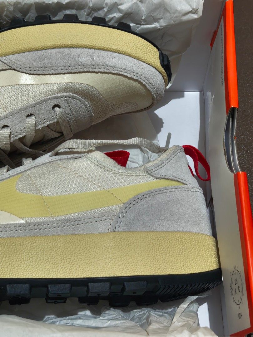 Nike Tom Sachs Nikecraft General Purpose Shoe (Category: Sneakers) located in Quezon City. Submitted by gls.c (Listing ID 1469997580, Image 2). Description: - Model: Tom Sachs x NikeCraft General Purpose Shoe - Colorway: Summer Camp (Cream mesh with grey suede overlays and yellow Swoosh) - Details: Red pull tabs on heel and tongue, special tongue tag, and side print detailing - Inclusion: Original box included - Condition: Brand new / Undamaged -