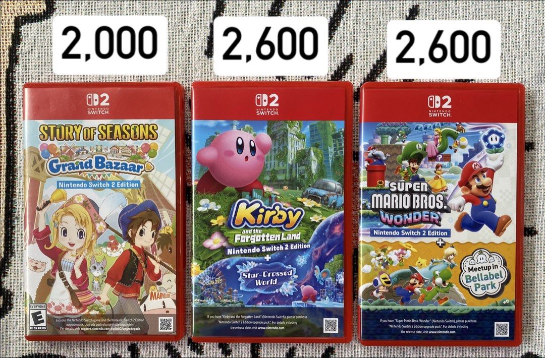 Nintendo Switch 2 Games (Category: Nintendo) located in Manila. Submitted by zenfalcon_23f0a9 (Listing ID 1469986447, Image 1). Description: Nintendo Switch 2 Games Story of Seasons: Grand Bazaar - ₱2,000 Kirby and the Forgotten Land + Star-Crossed World - ₱2,600 Super Mario Bros. Wonder + Meetup in Bellabel Park - ₱2,600 Complete with Cases No Issue Good Condition Ready to Use Test All You Want Upon Meetup Lalamove Available (Shipping Fee Should