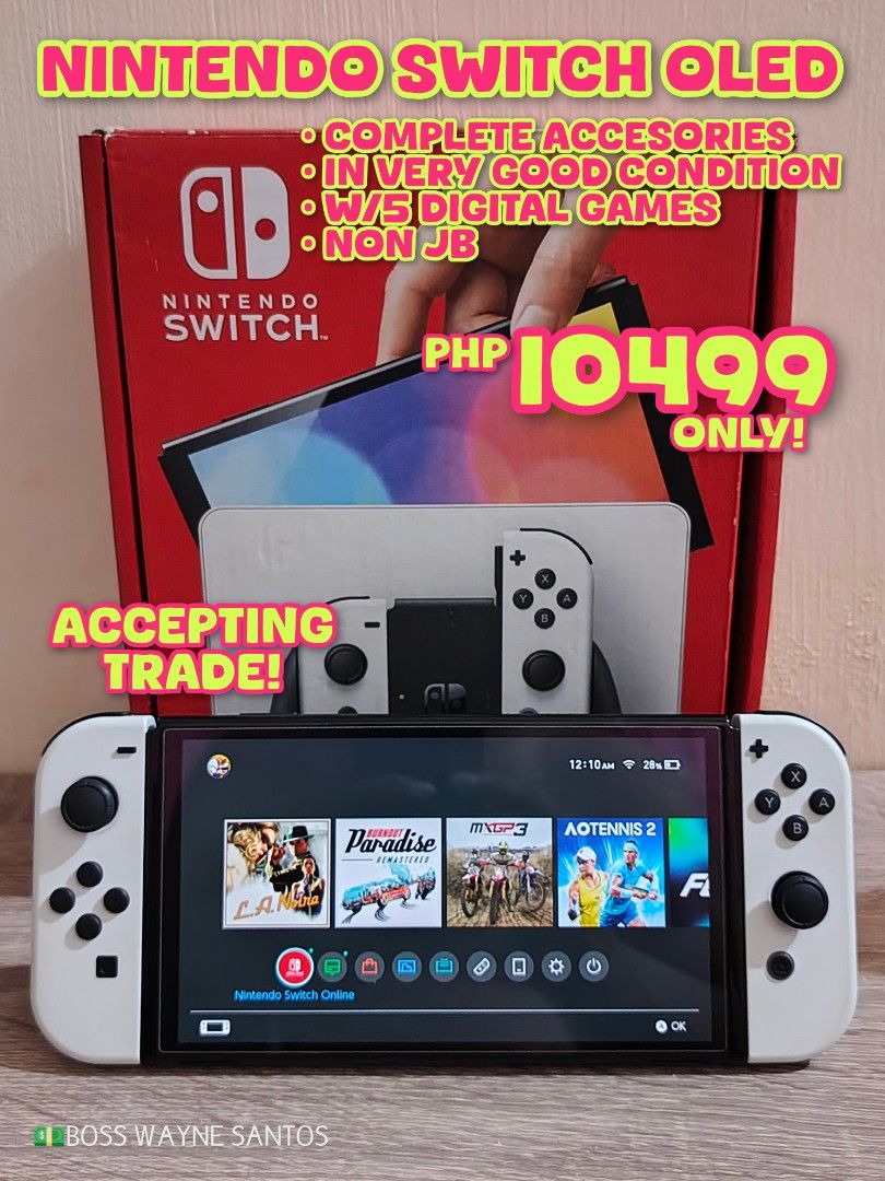 Nintendo Switch OLED Model White Complete Accessories (Category: Nintendo) located in Marikina City. Submitted by waynewayne2 (Listing ID 1469948195, Image 1). Description: FOR SALE OR TRADE +cash Pampanga meetup Jnt, lbc or lalamove sa malayo 09760568942 •NINTENDO SWITCH OLED 64gb -In very good condition, pls see pics -Complete original accesories -w/5 games installed (for free) PHP 10499 Only! I also sell physical games ✅ACCEPTING TRADES -Ninte