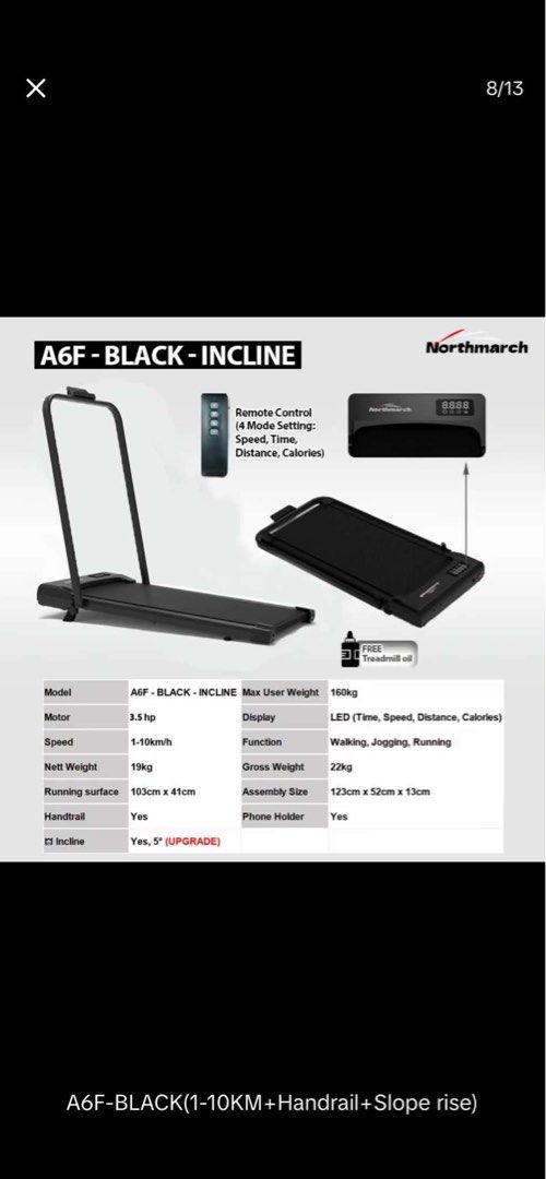 Northmarch A6F Treadmill (Category: Cardio & Fitness Machines) located in Makati City. Submitted by mightybear_3ac45c (Listing ID 1470072057, Image 1). Description: 9 months old RFS: Few times used only, Preggy wife prefer outdoor walkingg.