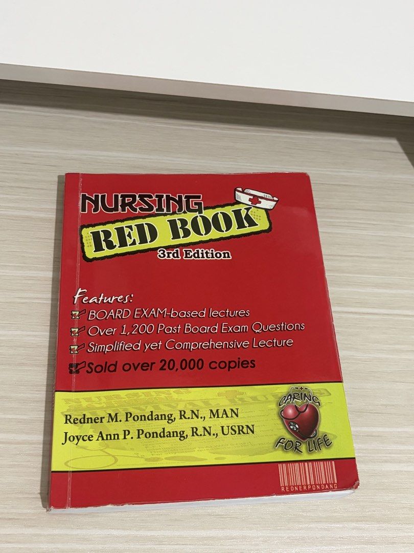 Nursing Red Book 3rd Edition by Pondang (Category: Textbooks) located in Caloocan City. Submitted by bibyanieee (Listing ID 1470123960, Image 1). Description: - Title: Nursing Red Book (3rd Edition) - Authors: Pondang, R.N., MAN & Pondang, R.N., USRN - Format: Softbound with red and yellow cover design - Content: Board exam-based lectures and over 1,200 past board exam questions - Proven Track Record: Over 20,000 copies printed - Best For: Nursin