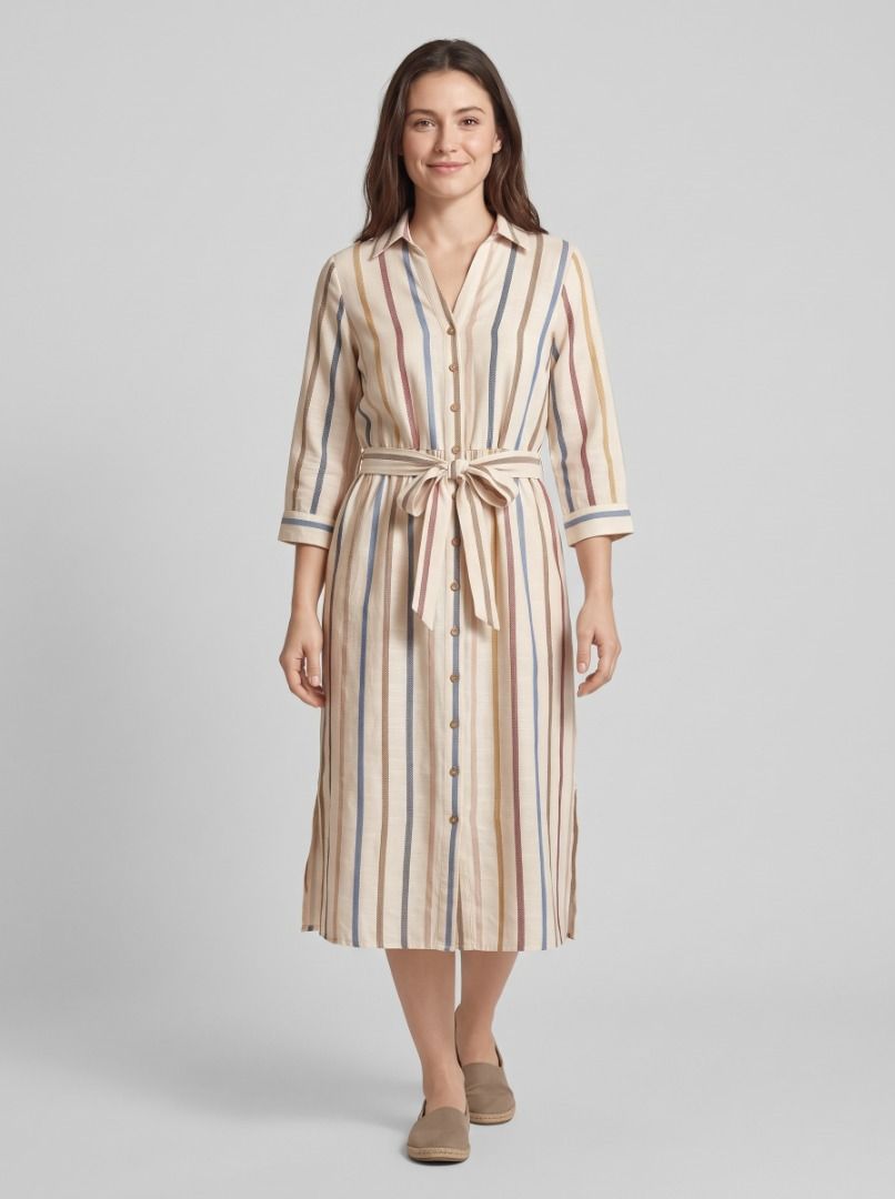 Office Dress (Category: Dresses) located in Pasig City. Submitted by the_thrift_fix (Listing ID 1470035673, Image 1). Description: Midi oatmeal dress, with multi-colored stripes. Best for casual errand runs or office days with the right pair of shoes. Best fits Medium to Semi Large Apologies but no time for other photos or "when worn" photos. Lightly used in good condition Measurements: Arm Diameter: 18 inches Bust Diameter 36 inches Dress Length