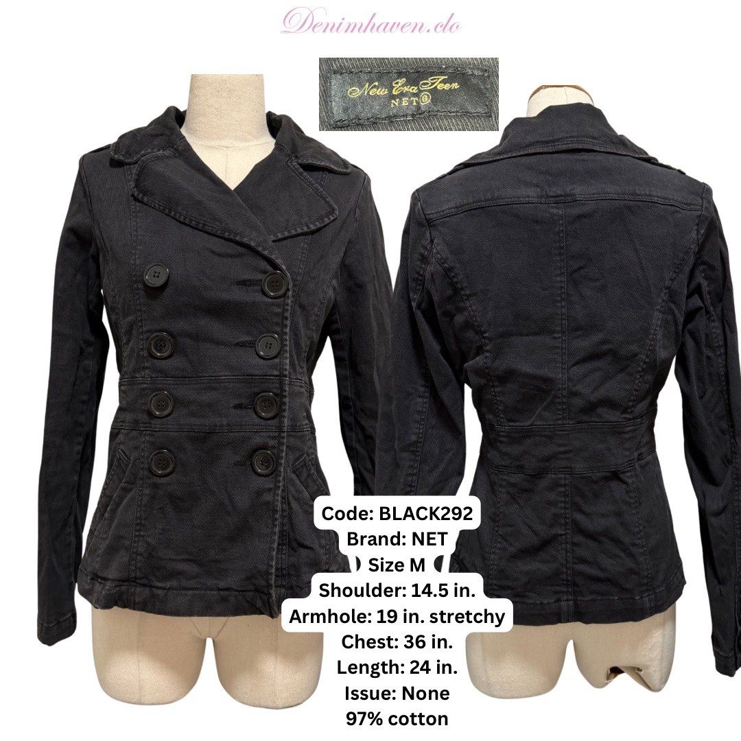 Office Siren Preppy BLACK292 | NET | Black Double-Breasted Structured Jacket | M (Category: Coats, Jackets and Outerwear) located in Tagum. Submitted by denimhaven.clo (Listing ID 1470063293, Image 1). Description: Code: BLACK292 Brand: NET (New Era Teen) Size: Size M Shoulder: 14.5 in. Armhole: 19 in. (stretchy) Chest: 36 in. Length: 24 in. Condition / Issue: None Material: 97% Cotton Details: Structured black double-breasted cotton jacket featu