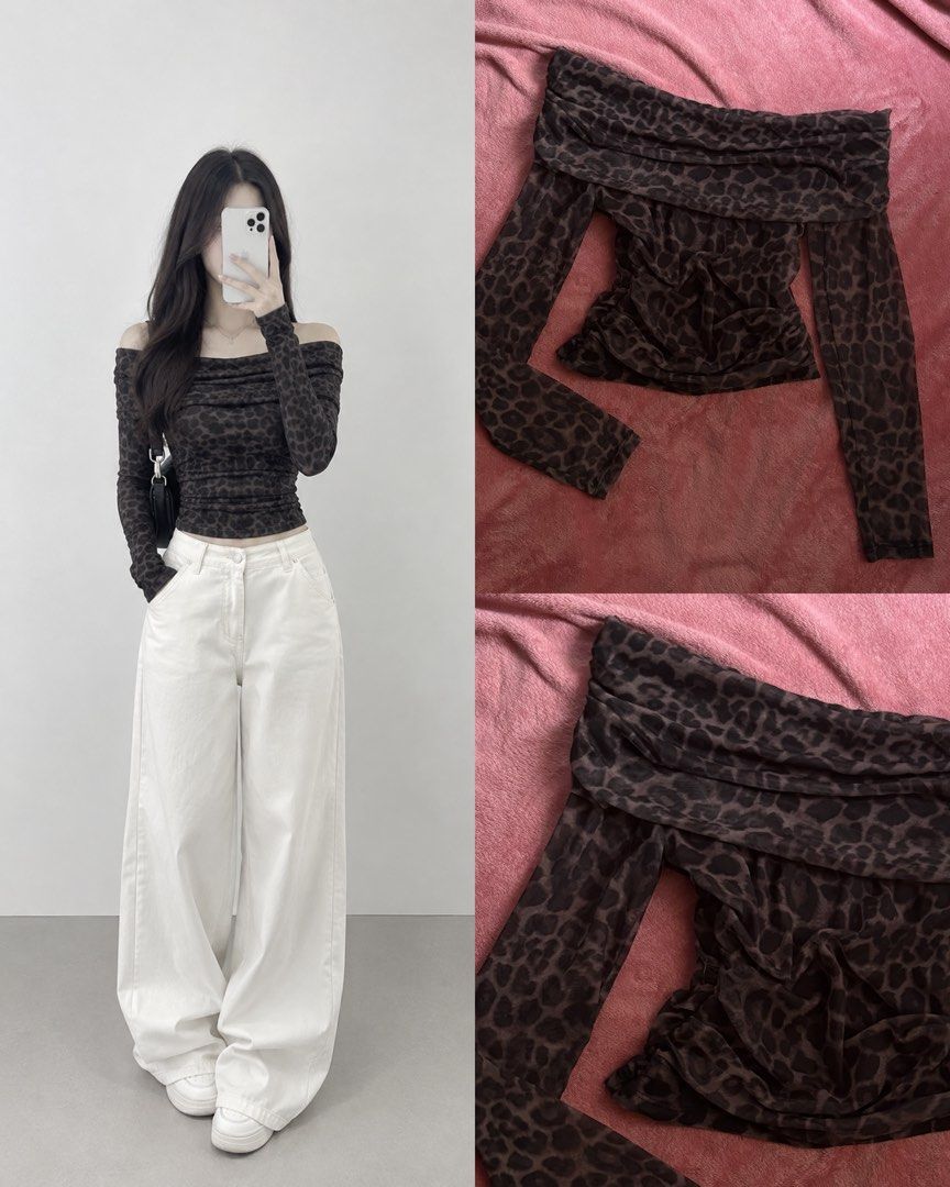Off-Shoulder Leopard Print Mesh Long Sleeve Top (Category: Longsleeves) located in Manila. Submitted by coolflower-e6627b (Listing ID 1470096888, Image 1). Description: - Trendy brown and black leopard print design - Elegant off-shoulder neckline with draped mesh fabric - Flattering ruched body with long sleeves - Fitted silhouette made from comfy, stretchy material - Versatile styling: great for nights out or casual days with high-waist jeans.