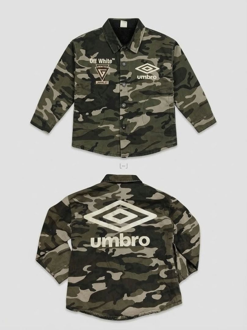Off-White x Umbro Camouflage Jacket (Category: Babies & Kids Fashion) located in Caloocan City. Submitted by silverdragon_aaed38 (Listing ID 1470123676, Image 1). Description: Off White X Umbro - Camouflaged Cargo Button Down Long Sleeve ( For Kids ) - Generally Fits to 5 to 8 years old - Pre Loved Size Youth XS - Small Dimes W 15 L 19 Color Rate: 9 Heavy Material Issue: Pealed Color Buttons 550 +sf.