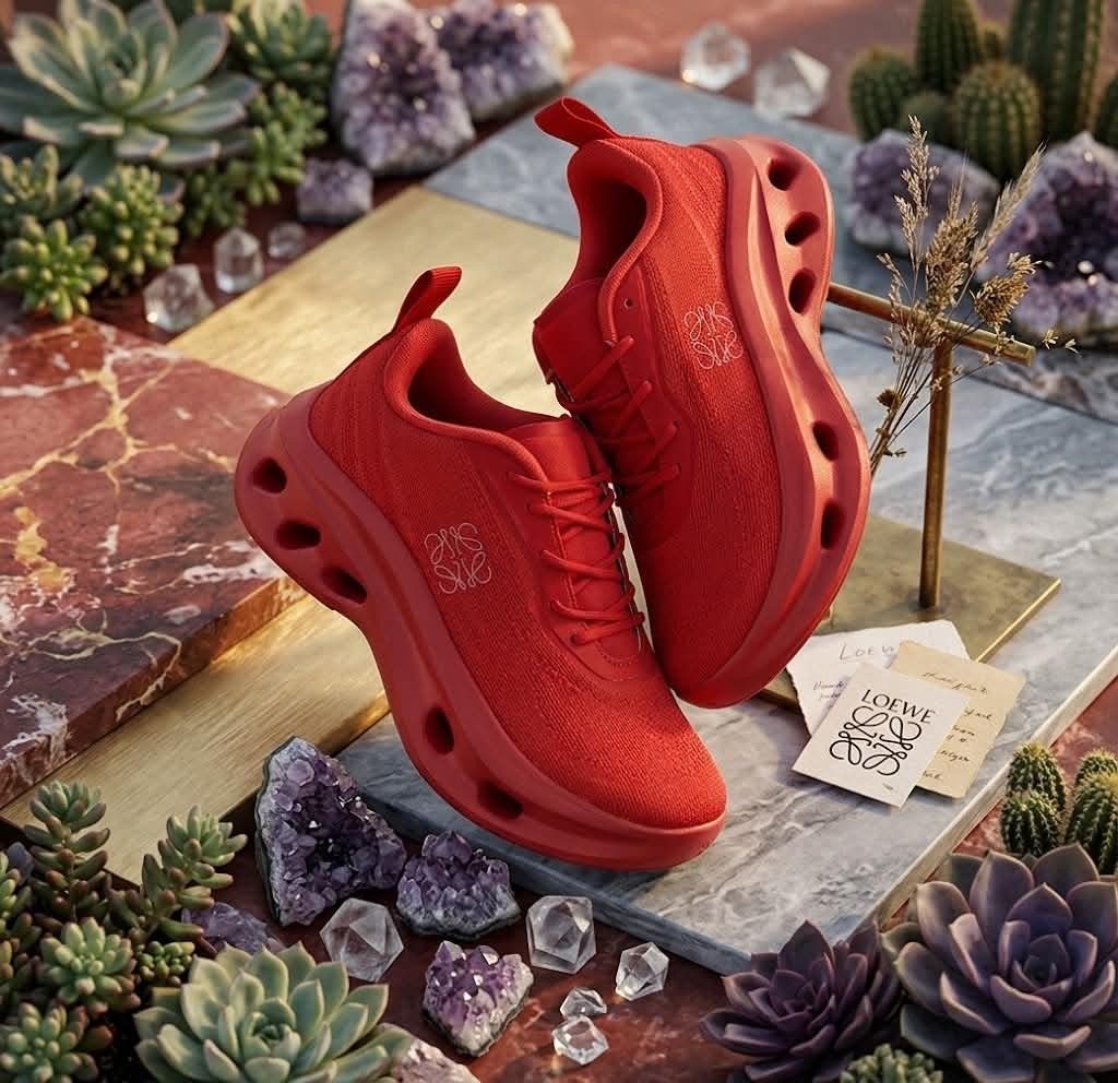 On cloud Loewe Cosmic (Category: Sneakers) located in Manila. Submitted by ellhys (Listing ID 1470133705, Image 1). Description: - Brand: Loewe - Color: Vibrant red (monochromatic look) - Style: Knit sneakers with statement cutout chunky platform sole - Details: Classic embroidered anagram logo on the side - Features: Lace-up front closure with a back pull tab for easy wear - Perfect for elevating any streetwear or high-fashion casual outfit.
