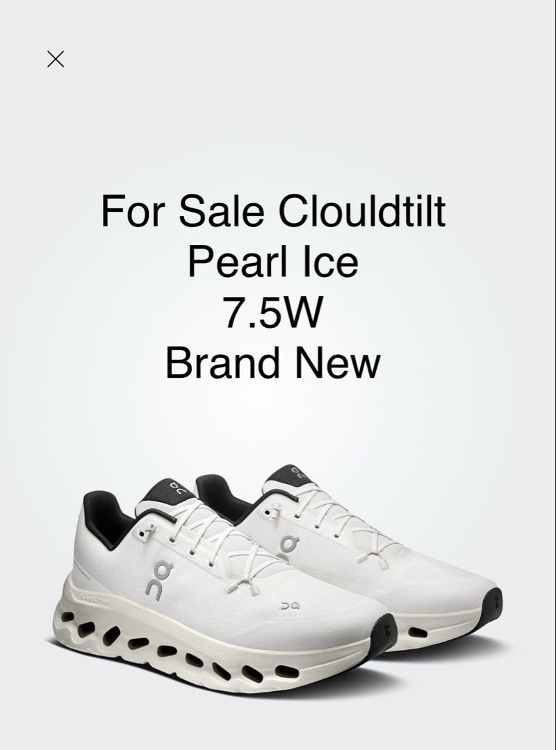 On Running Cloudtilt Pearl Ice Size 7.5W (Category: Sneakers) located in Manila. Submitted by charlesebchan (Listing ID 1470031840, Image 1). Description: On Cloudtilt sneakers in Pearl Ice colorway. Women's size US 7.5, EU 38.5, UK 5.5, JP 24.5. White mesh upper with black collar detailing and tonal lacing system. Cushioned CloudTec Phase midsole setup with white and black outsole pods. Unworn pair with pristine outsoles, clean interiors, and or