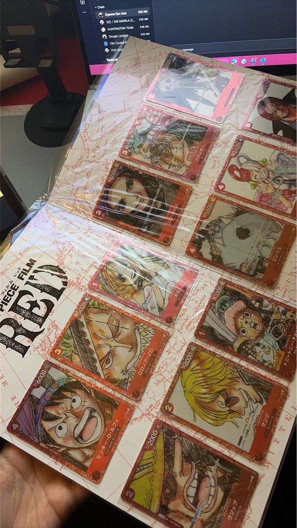 One Piece - Film Red (Category: Card Packs) located in Manila. Submitted by lovedforsale (Listing ID 1470011565, Image 2). Description: - Official One Piece Card Game Film Red binder set - Includes character cards: Luffy, Zoro, Nami, Sanji, Usopp, and more - Stored securely in a themed card folder - Clean pages, ready for display or trading - Great addition to any collection.