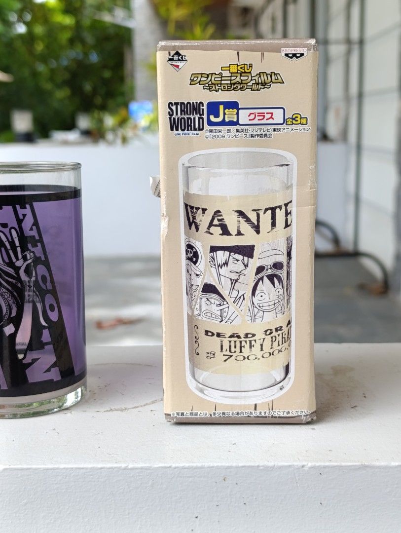 One Piece Collectibles (Category: Vintage Collectibles) located in San Narciso. Submitted by prelovedbentables (Listing ID 1470018954, Image 3). Description: #1 Wanted Luffy Group Glass Cup - Authentic Banpresto One Piece Strong World lottery prize glass cup - Features iconic Straw Hat crew Wanted poster design all-around - Condition: Brand new and untouched glass - Includes original cardboard box packaging (with minor wear and creases from stora