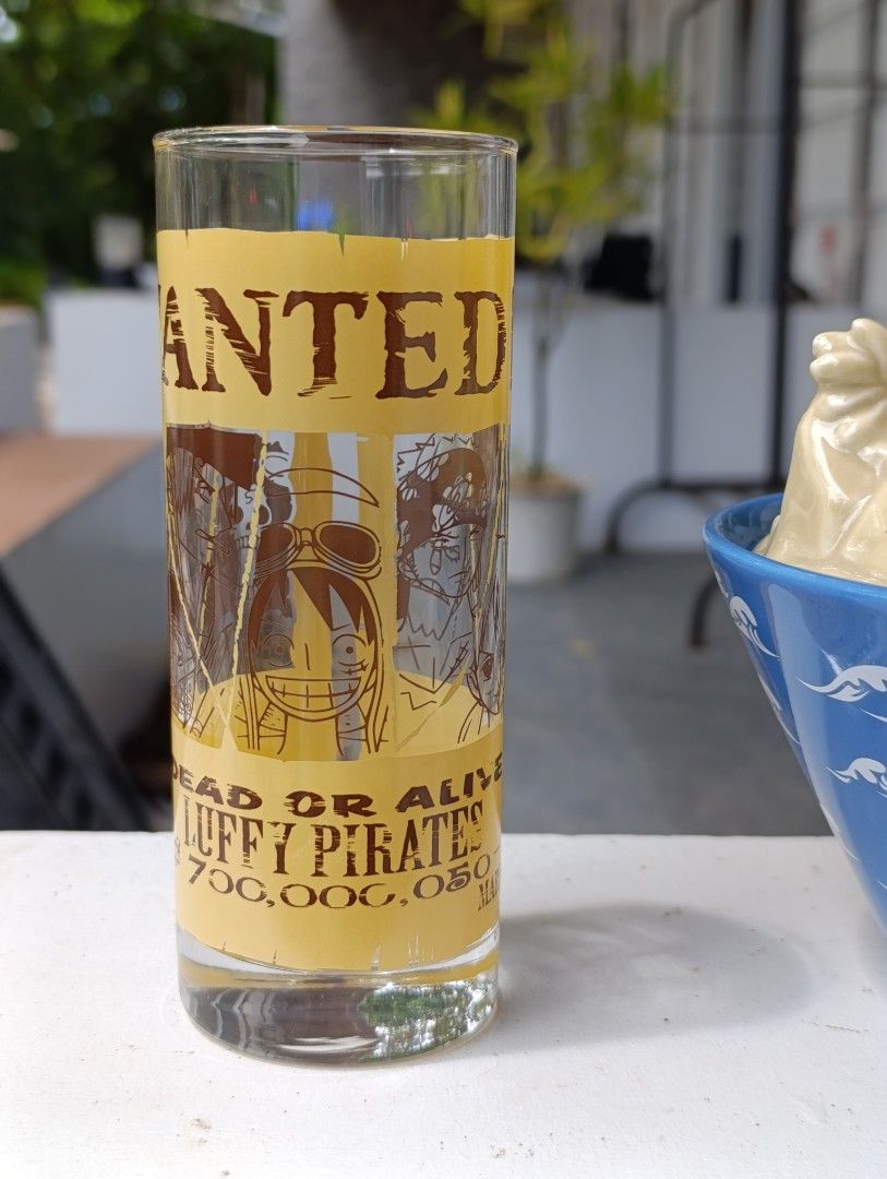 One Piece Collectibles (Category: Vintage Collectibles) located in San Narciso. Submitted by prelovedbentables (Listing ID 1470018954, Image 1). Description: #1 Wanted Luffy Group Glass Cup - Authentic Banpresto One Piece Strong World lottery prize glass cup - Features iconic Straw Hat crew Wanted poster design all-around - Condition: Brand new and untouched glass - Includes original cardboard box packaging (with minor wear and creases from stora