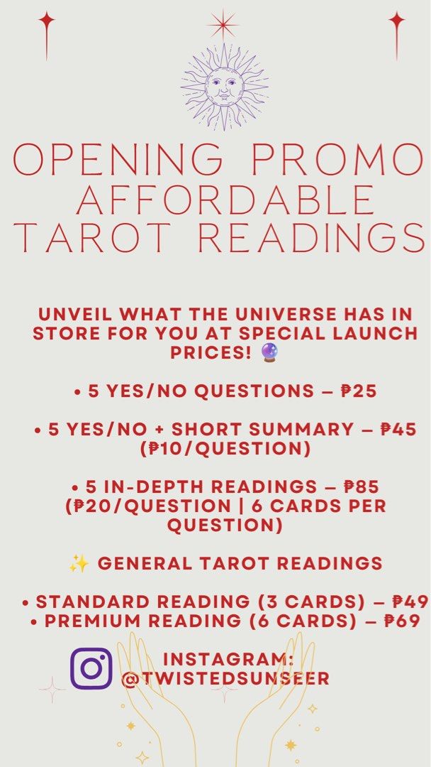 Opening Promo Affordable Tarot Readings (Category: Storybooks) located in Quezon City. Submitted by twistsunshine (Listing ID 1470076509, Image 1). Description: - Special launch prices starting at just ₱25! - Choose from Yes/No questions, short summaries, in-depth readings, or general tarot sessions - Tarot sessions range from 3 to 6 cards.