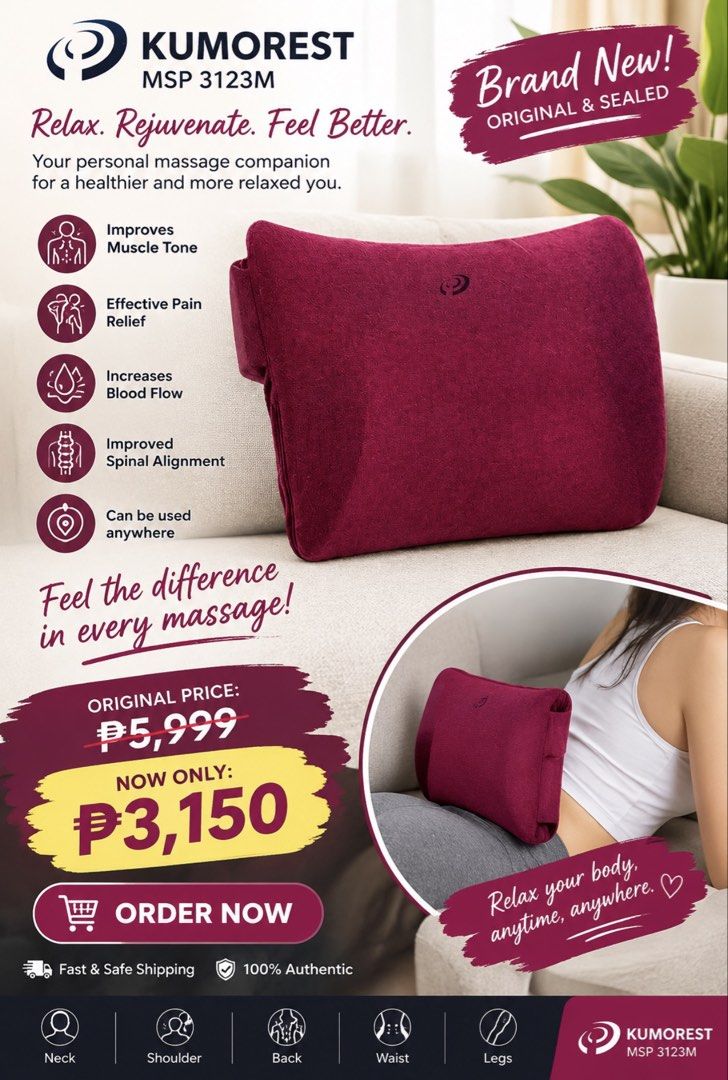 Optimum KUMOREST (Category: Massage Devices) located in Binan City. Submitted by lhylfindz (Listing ID 1468650816, Image 1). Description: KumoRest Massage Pillow (MSP 3123M), It is brand new, just purchased last Oct 10,2026 at. Central Mall Biñan. Original price 5,999 I’m selling now for 3,150.