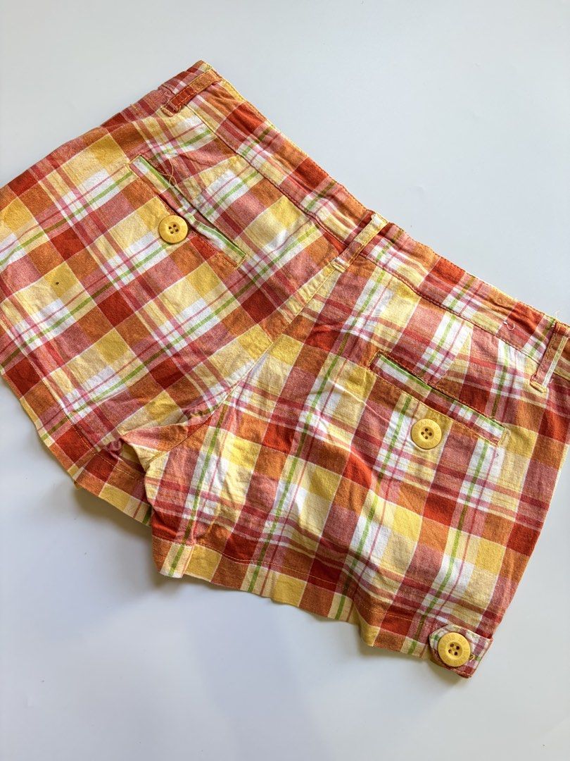 orange plaid micro short (Category: Shorts) located in Tarlac. Submitted by pearl_xoxo (Listing ID 1470101562, Image 3). Description: - orange plaid micro short bust: “ waist: 28-31” length: 10” size: issue: needwash brand: bb jeans .