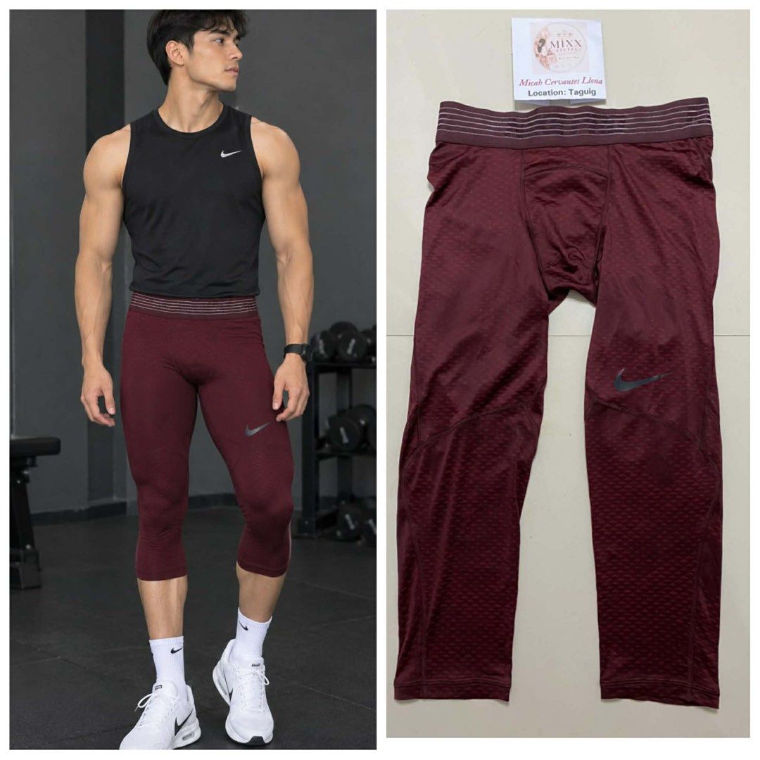 Original Nike Men's Maroon Compression Leggings Size M (Category: Activewear) located in Taguig. Submitted by mixxstuffsshop (Listing ID 1470102819, Image 1). Description: 👉Original Nike Pro Hypercool 3/4 Tight for Men 👉Price: 680 👉Size Medium : L-29"/ W- 28"-32" Stretch 👉Good Condition 👉Location: Central Signal Taguig.