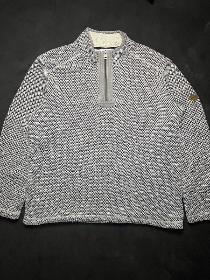 Orvis Classic Collection Grey Quarter-Zip Sherpa Lined Pullover (Category: Coats, Jackets and Outerwear) located in Muntinlupa City. Submitted by pastforwardthrift (Listing ID 1470124178, Image 1). Description: - Brand: Orvis Classic Collection - Style: Quarter-zip pullover in grey and white textured knit - Interior: Warm sherpa fleece lining on the body and inside the collar - Details: Branded zipper pull and subtle leather logo patch on the lef