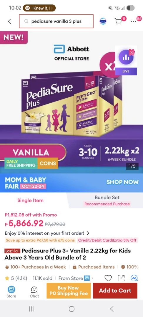 Pediasure Plus 3+ Vanilla 2.22kg (1 box) (Category: Breastfeeding & Bottle Feeding) located in Pasig City. Submitted by shie. (Listing ID 1469965335, Image 2). Description: - Product: Pediasure Plus 3+ Vanilla Flavor Milk Powder - Condition: 100% brand new, unopened packaging - Expiry Date: February 28, 2028.