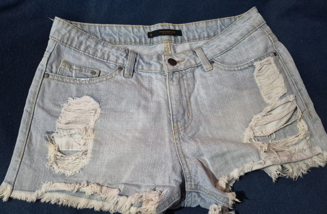 Penshoppe DenimLab Distressed Denim Shorts Size S (Category: Shorts) located in Imus. Submitted by shopestepanimey (Listing ID 1470069840, Image 2). Description: - Brand/Line: Penshoppe DenimLab - Size: Small - Wash: Light wash denim - Details: Heavy distressing with frayed raw hems - Style: Classic five-pocket design with button closure and belt loops - Condition/Vibe: Great casual piece for hot days.
