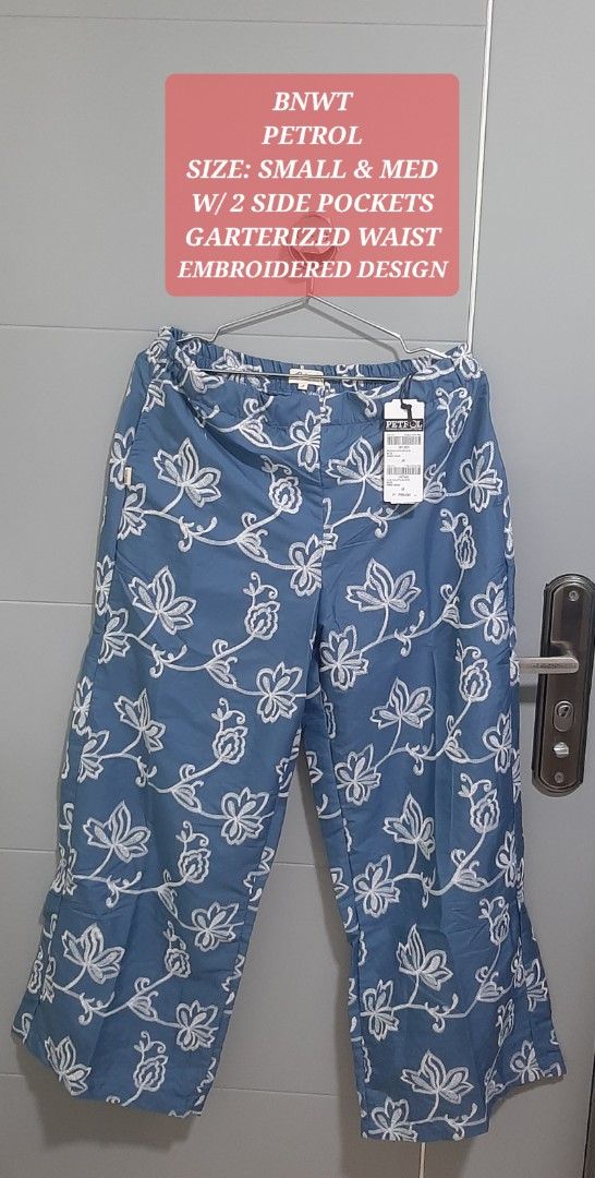 Petrol Embroidered Blue Pants Size Small to Medium BNWT (Category: Jeans) located in Manila. Submitted by gleeshoppe_lee (Listing ID 1470081042, Image 1). Description: - Brand: Petrol (Brand New with Tag) - Color: Blue with white embroidered floral design - Comfort: Garterized waist, easy slip-on style - Features: Two convenient side pockets - Size: small and medium .