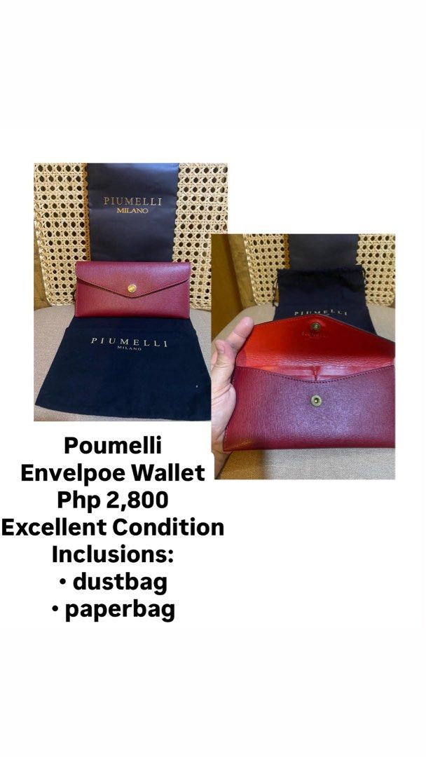 Piumelli Milano Red Envelope Wallet (Category: Wallets & Card holders) located in Manila. Submitted by 7pr9nj5hnh74503 (Listing ID 1469977482, Image 1). Description: - Brand: Piumelli Milano - Style: Red envelope wallet with classic front flap snap button closure - Material: Rich red leather with a textured finish - Interior: Main compartment and built-in card slots - Inclusions: Original dustbag and matching paperbag - Price: Php 2,800 - Conditi