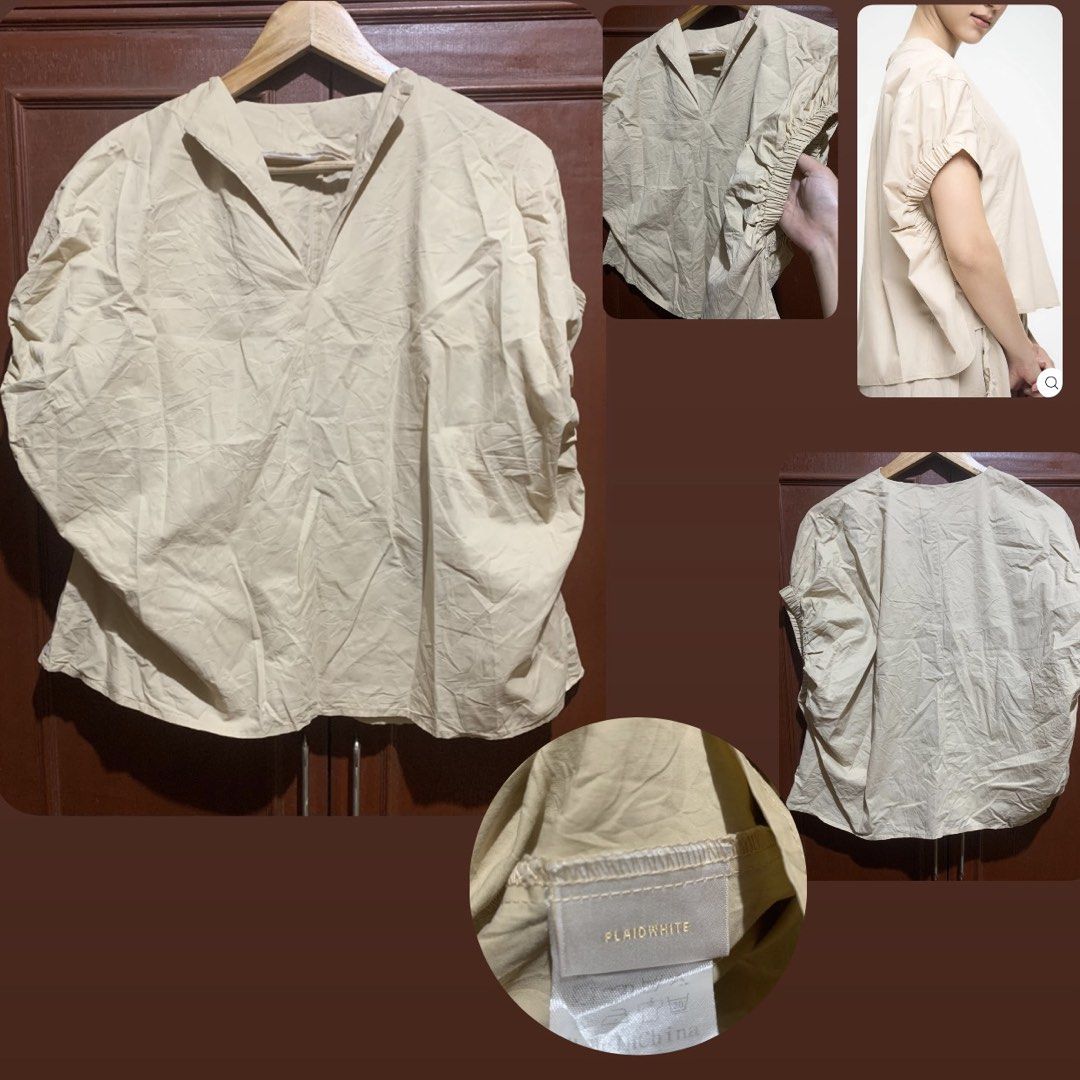 PLAIDWHITE Beige Plain Blouse (Category: Blouses) located in San Pablo. Submitted by candyloved.luxe (Listing ID 1470013338, Image 1). Description: guaranteed authentic Presko Bust: 48-50 Waist: 48-50 Length: 24.